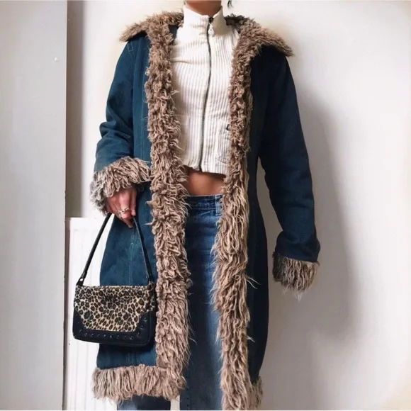 Retro STEVE MADDEN Coat Vintage LONG ISLAND CITY Penny Lane Denim Fur Size Large - Picture 2 of 13